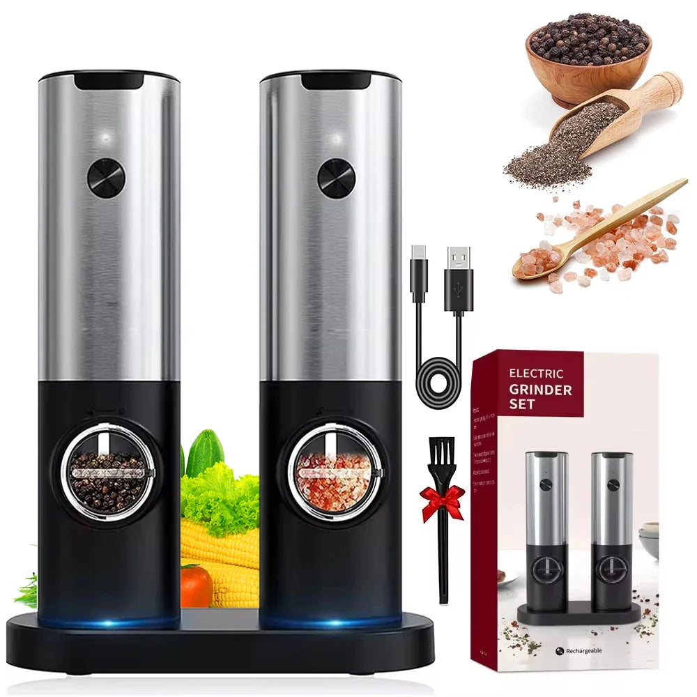 Elektrisk salt pepperkvern sett USB oppladbar automatisk krydderkvern | Skanto
