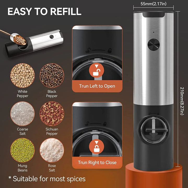 Elektrisk salt pepperkvern sett USB oppladbar automatisk krydderkvern | Skanto
