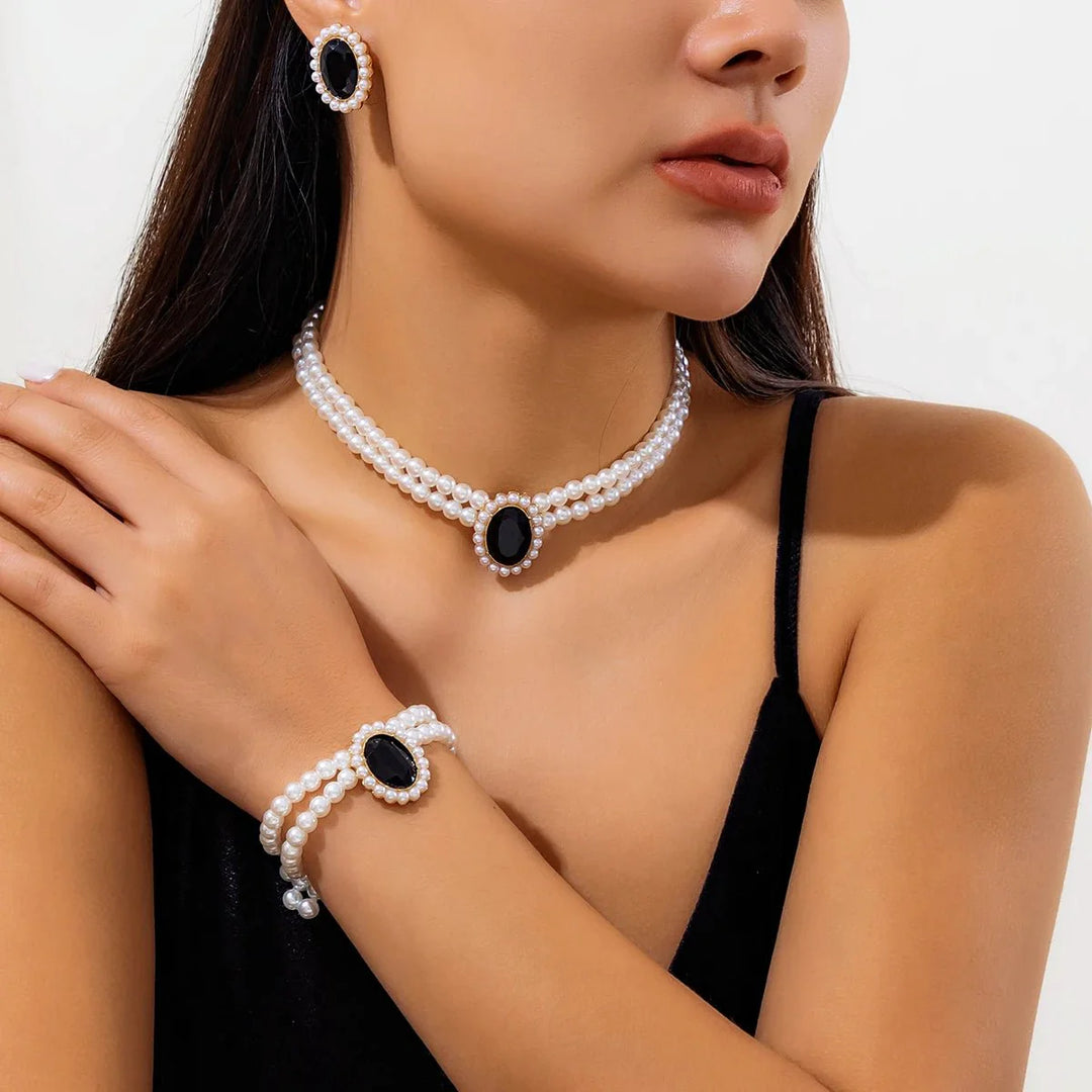 Skanto | Elegant Oval Diamond Pearl Necklace, Bracelet, Earrings Set