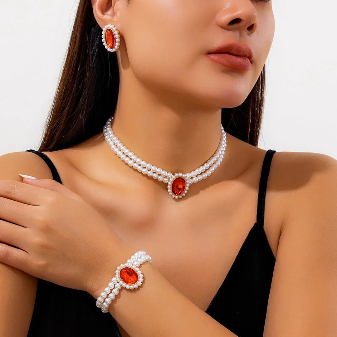 Skanto | Elegant Oval Diamond Pearl Necklace, Bracelet, Earrings Set