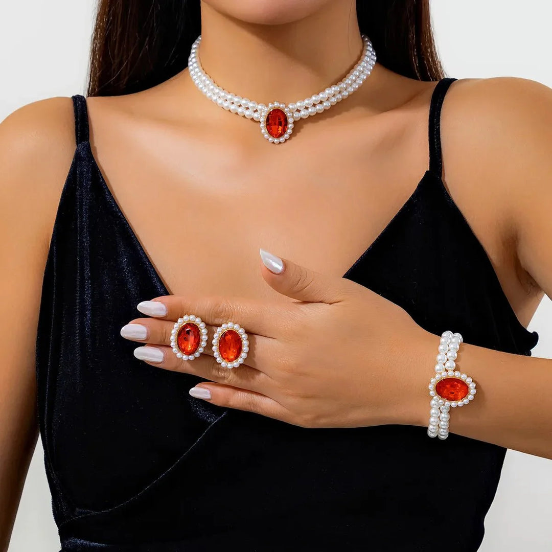 Skanto | Elegant Oval Diamond Pearl Necklace, Bracelet, Earrings Set