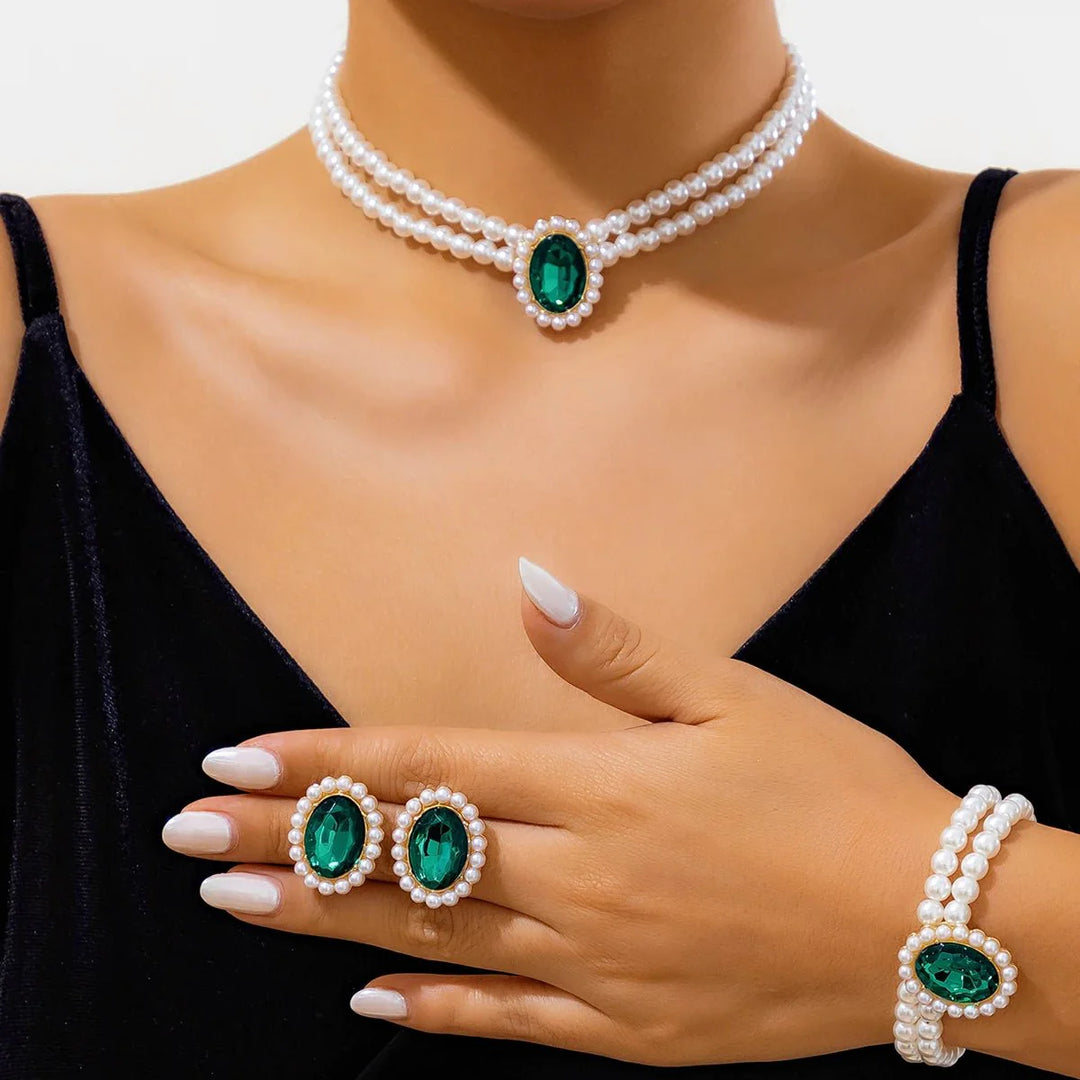 Skanto | Elegant Oval Diamond Pearl Necklace, Bracelet, Earrings Set