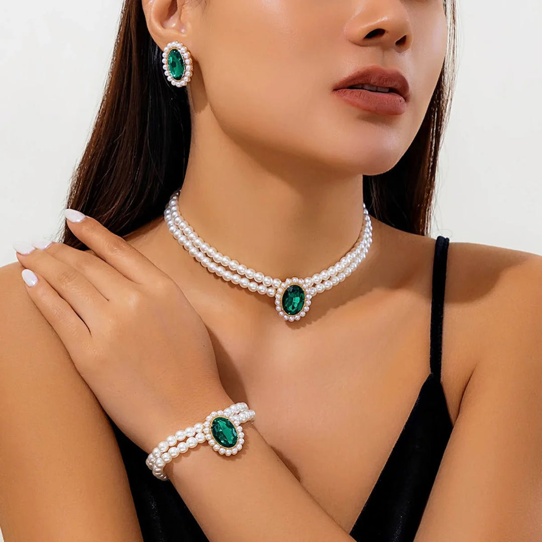 Skanto | Elegant Oval Diamond Pearl Necklace, Bracelet, Earrings Set