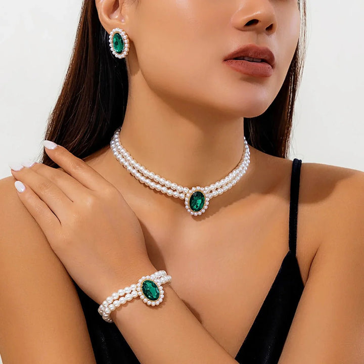 Skanto | Elegant Oval Diamond Pearl Necklace, Bracelet, Earrings Set