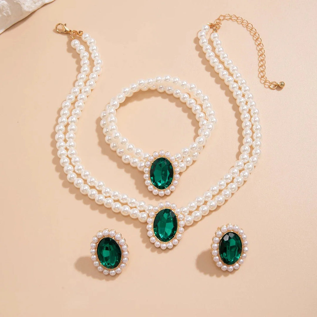 Skanto | Elegant Oval Diamond Pearl Necklace, Bracelet, Earrings Set
