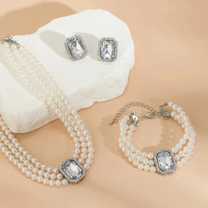 Skanto | Elegant Perle Diamant Smykke, Armbånd og Ørepynt Sett