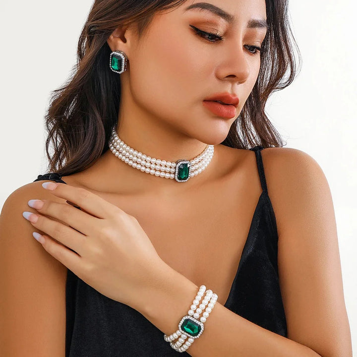 Skanto | Elegant Perle Diamant Smykke, Armbånd og Ørepynt Sett
