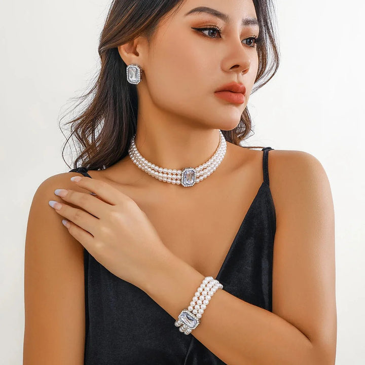 Skanto | Elegant Perle Diamant Smykke, Armbånd og Ørepynt Sett