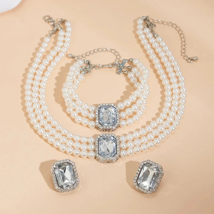 Skanto | Elegant Perle Diamant Smykke, Armbånd og Ørepynt Sett