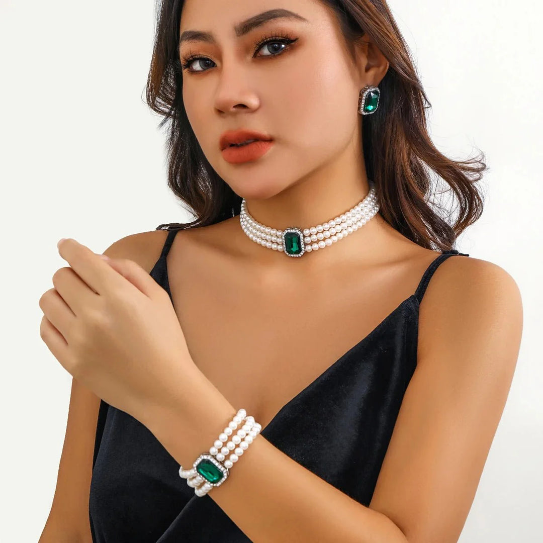 Skanto | Elegant Perle Diamant Smykke, Armbånd og Ørepynt Sett