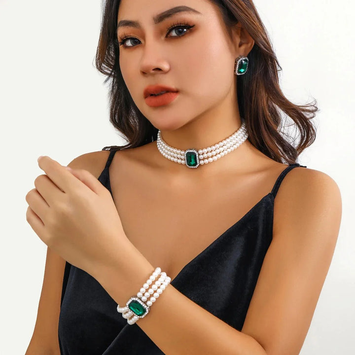 Skanto | Elegant Perle Diamant Smykke, Armbånd og Ørepynt Sett