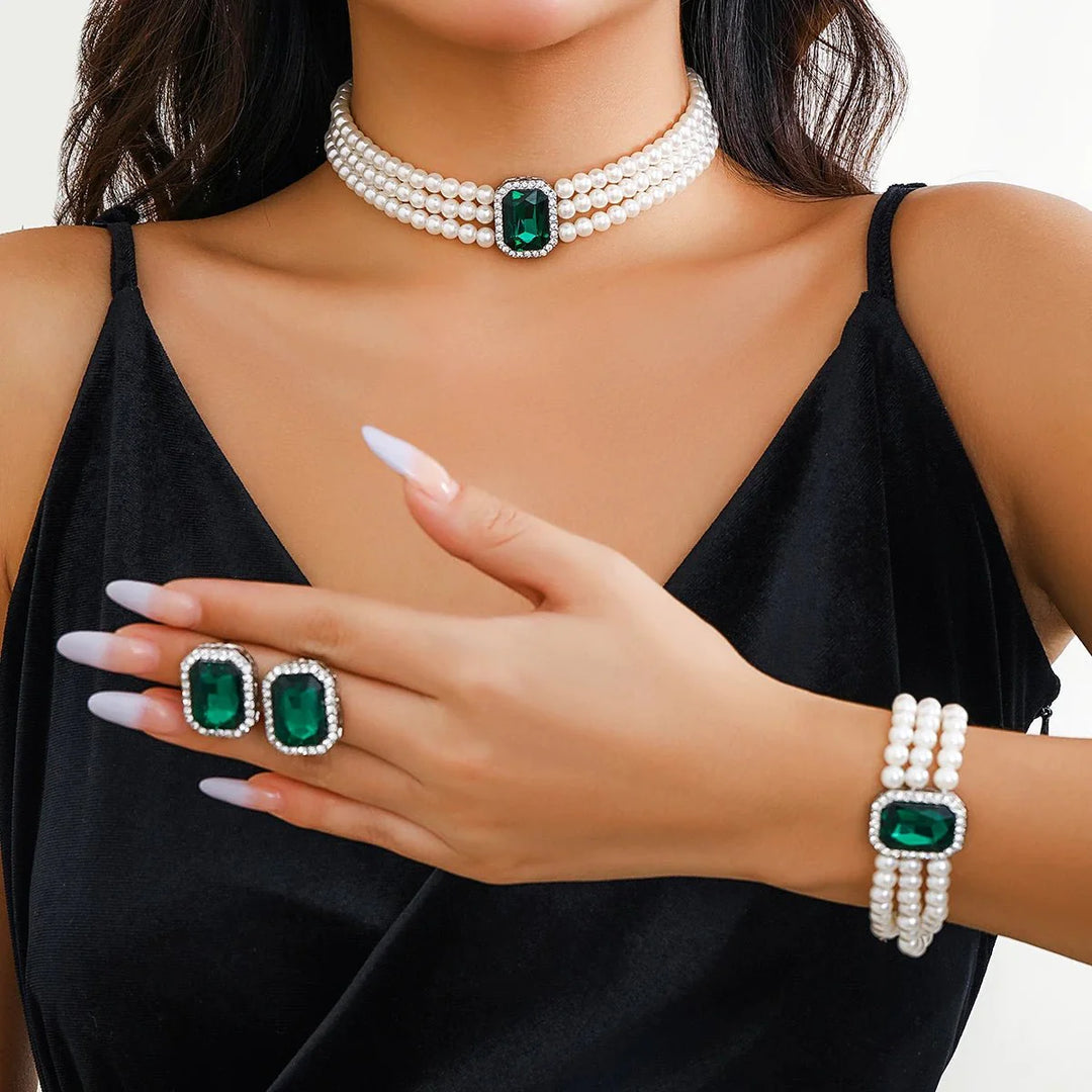 Skanto | Elegant Perle Diamant Smykke, Armbånd og Ørepynt Sett