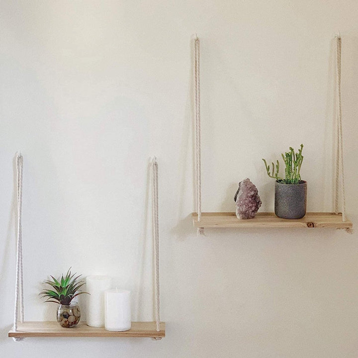 Skanto | Skandinavisk Tre Hengehyllen - Minimalistisk Flytende Vegghylle med Snor