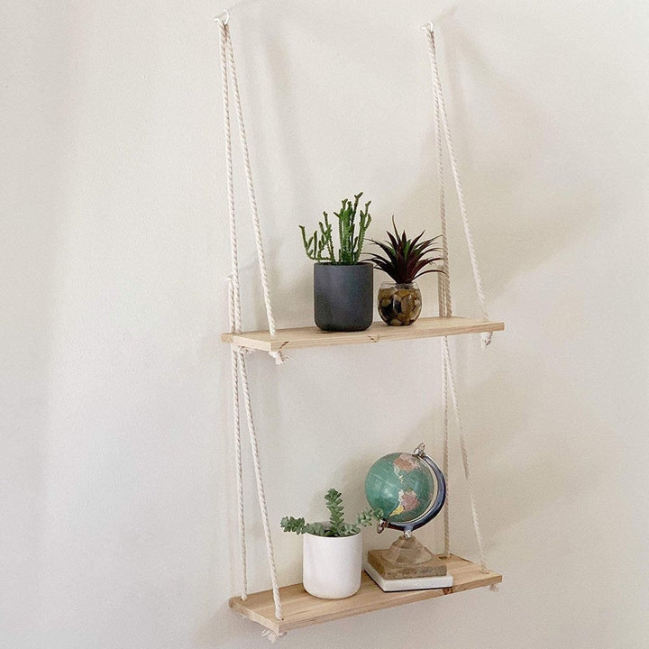 Skanto | Skandinavisk Tre Hengehyllen - Minimalistisk Flytende Vegghylle med Snor