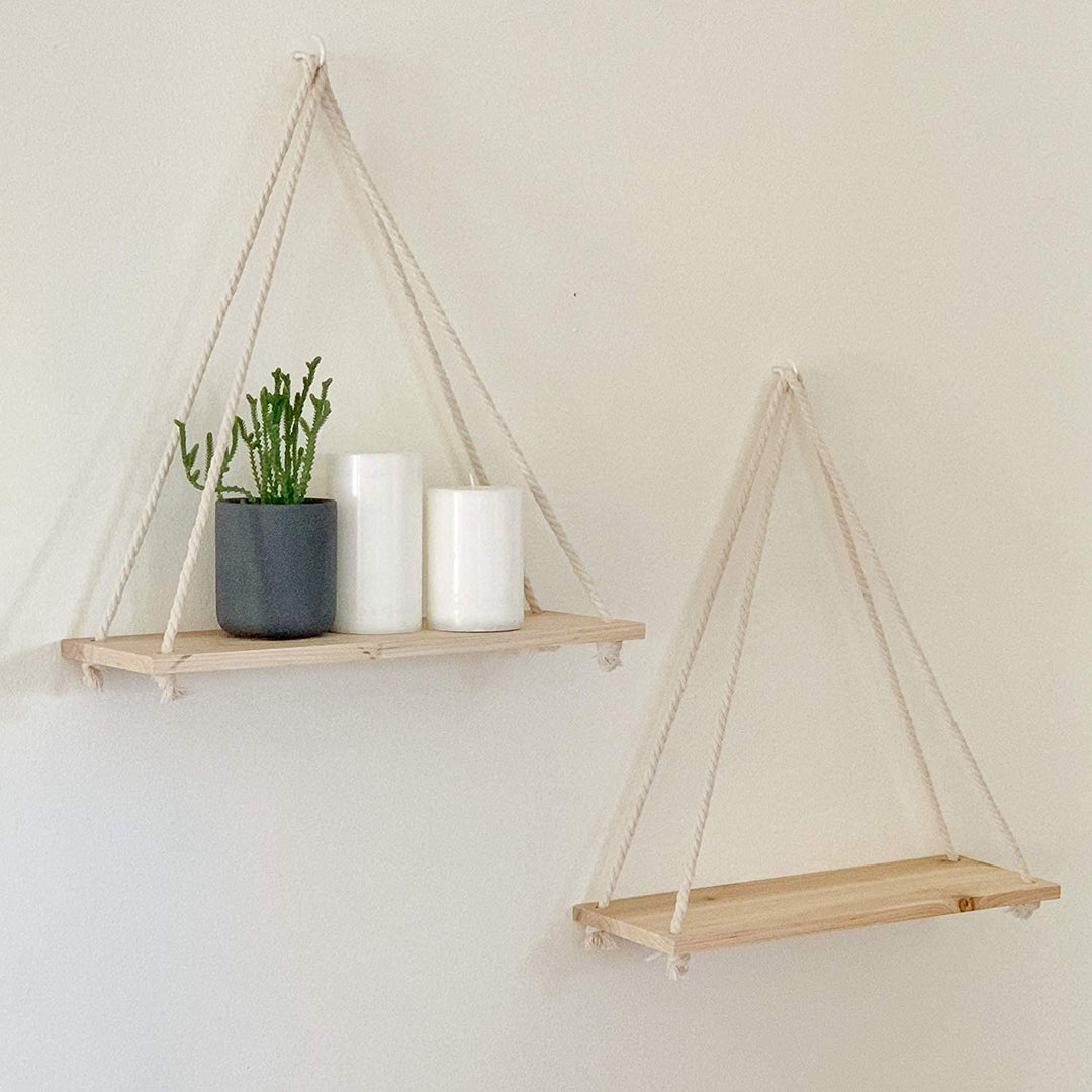 Skanto | Skandinavisk Tre Hengehyllen - Minimalistisk Flytende Vegghylle med Snor