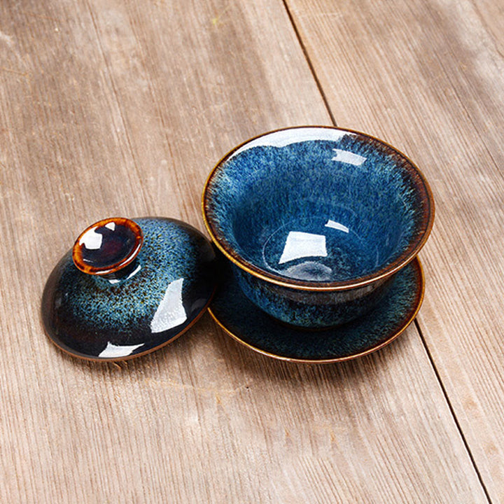 Skanto | Vintage Brennovn Keramisk Gaiwan Sancai Tekopp Tekopp og Tallerken med Lokk