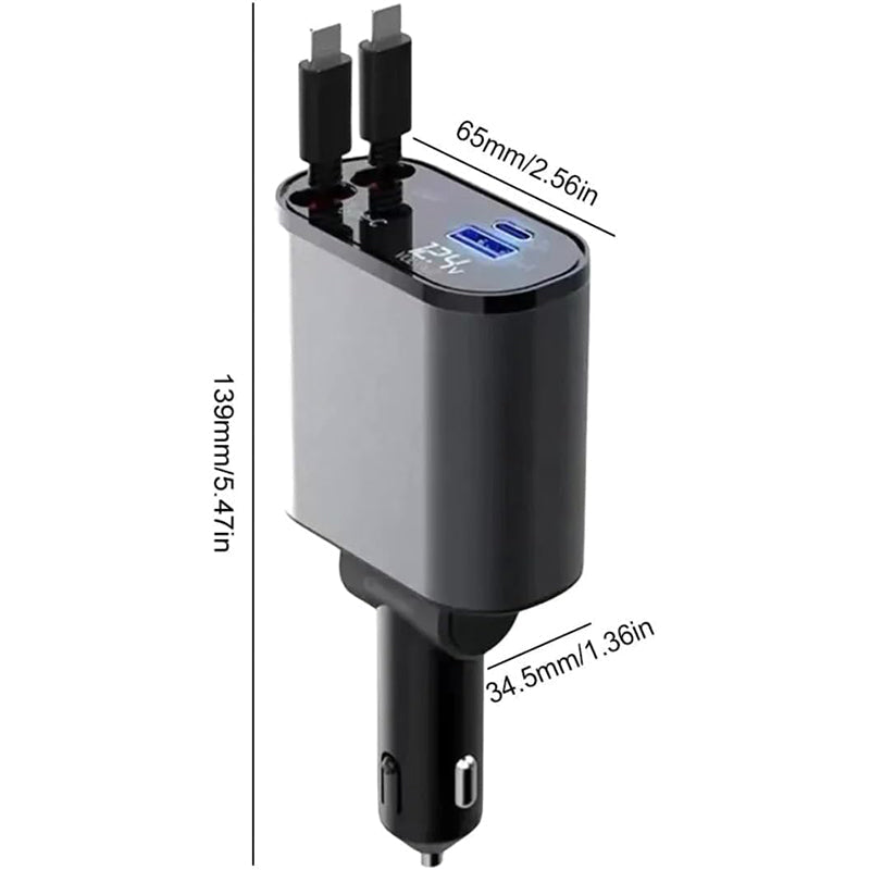 4-i-1 Bil Charger med Uttrekkbar Kabel | Skanto