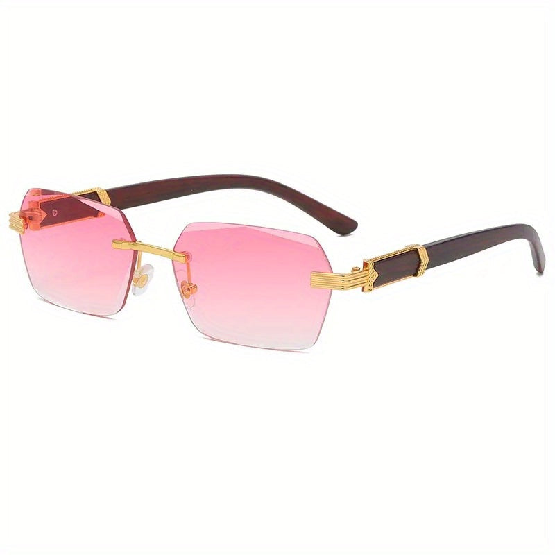 Rimless sunglasses with rectangular lenses and faux wood temples – Verro | Skanto