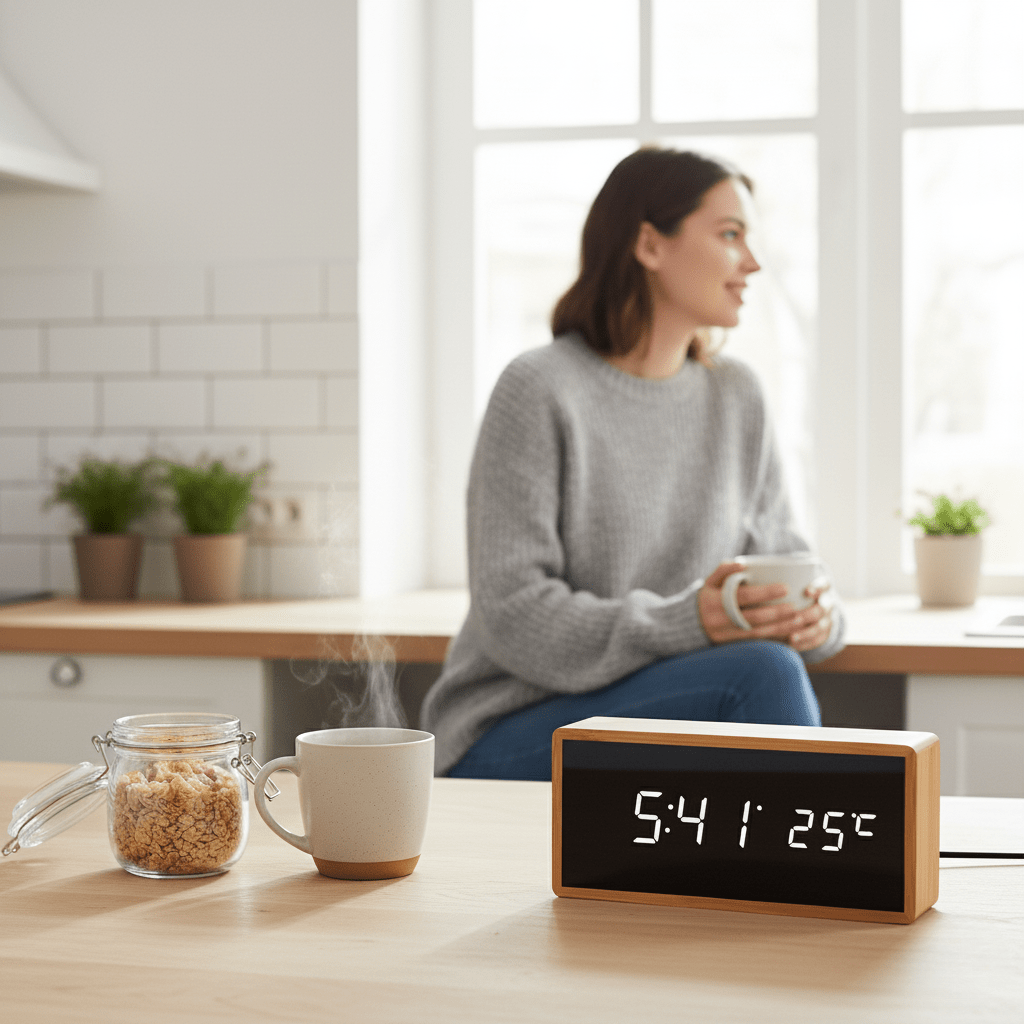 Skanto | LED Bamboo Vekkerklokke med Temperaturdisplay & USB/Batteridrift