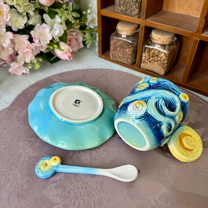 ArtSip Keramikkopp & Underskål Sett – Håndmalte 3D-design inspirert av Van Gogh | Skanto
