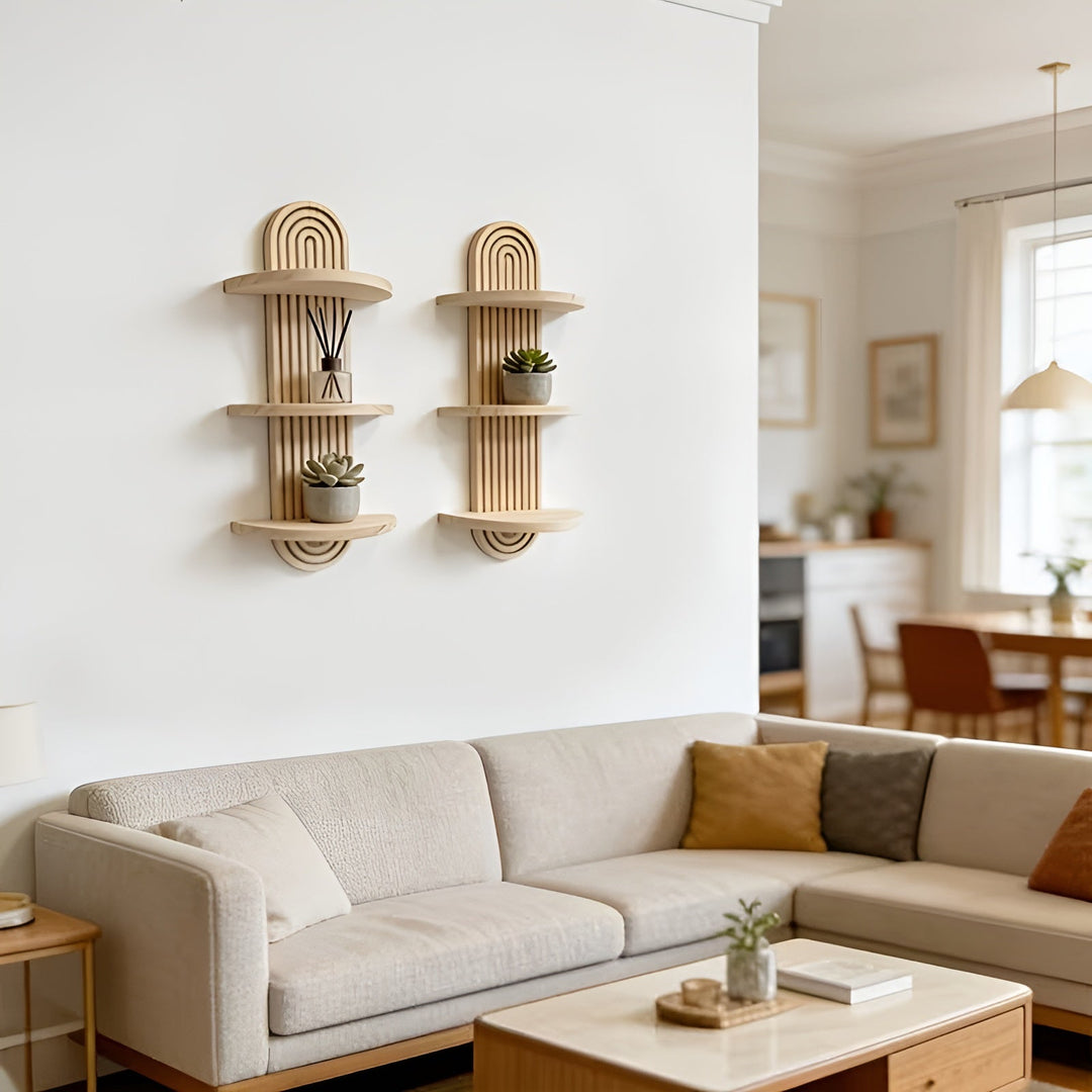 Boho Veggskap Laget av Massivt Tre – Flernivå og Plassbesparende | For Stue, Soverom og Gang | Skanto