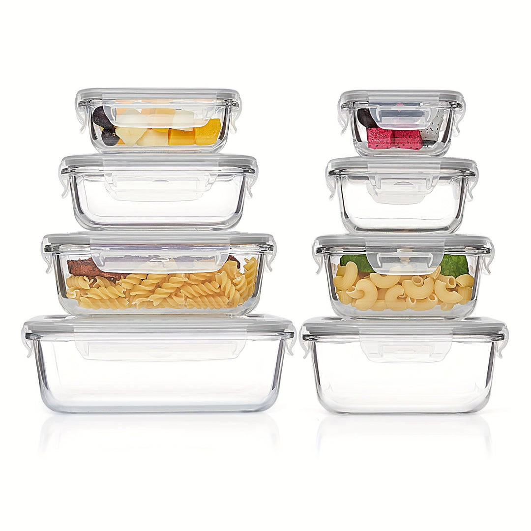 Skanto | 8-Pack Glass Matboksbeholdere – Lufttette Måltid Forberedelse Bento-bokser med lekkasjesikre, låsbare lokk, mikrobølgeovn-, ovn-, fryse- og oppvaskmaskinsikre, BPA-frie