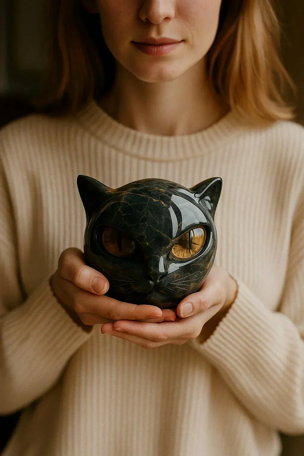 Skanto | NoirCat Skulptur – Svart Katthode med Hypnotiske Øyne