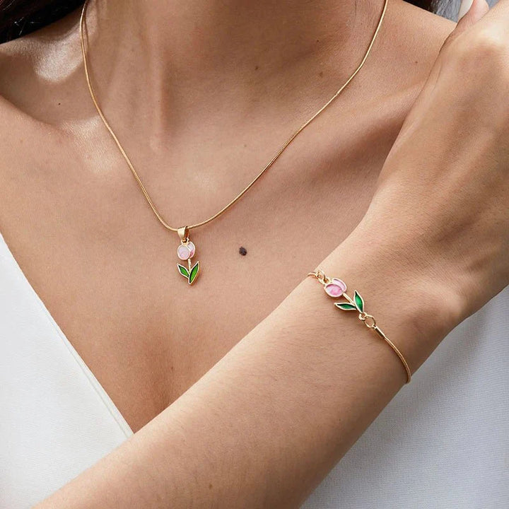 Skanto | Feminine Floral Tulip Armbånd og Halskjede Sett