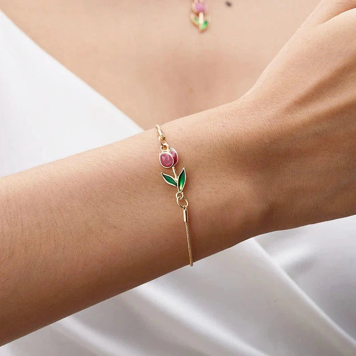 Skanto | Feminine Floral Tulip Armbånd og Halskjede Sett