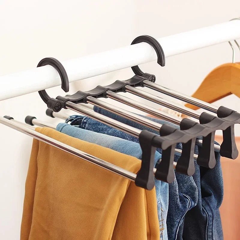 Skanto | FlexRack Buksehylde – Plassbesparende, justerbar klessorganisator for bukser, skjørt og skjerf – Rustfritt stål – Rutsjebeskyttelse – Foldbar design