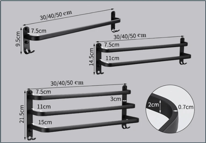 Skanto | FlexRack – Veggmontert Aluminium Baderomsregal med 3 Tverrbjelker