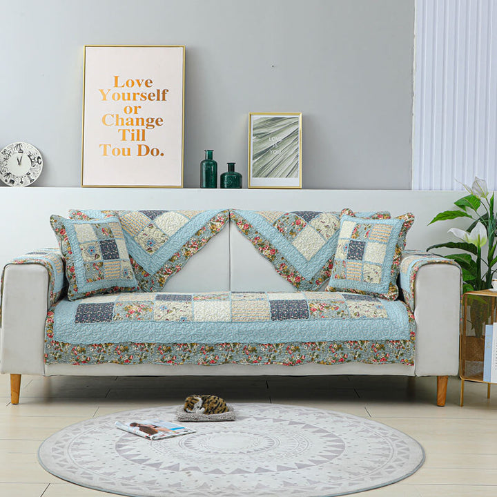 Vintage Flower Plaid Bomullssofa Deksel - Myk Miljøvennlig Design | Skanto
