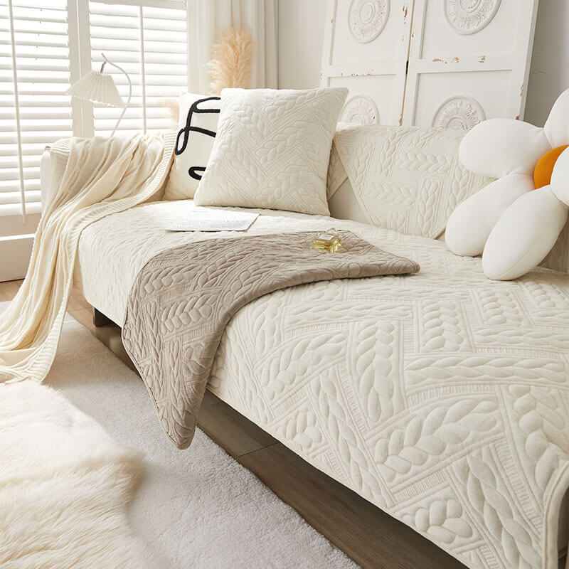 Varm Crystal Velvet Hvete Broderi Antiskli Sofa Dekke | Skanto