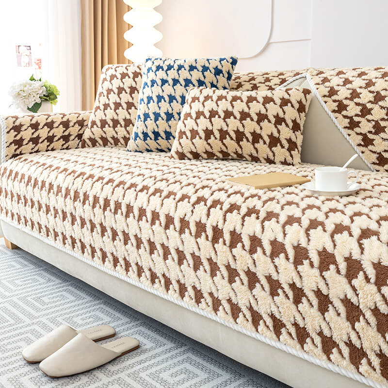 Houndstooth Plysj Matte Møbelbeskyttelse Antiskli Deksel | Skanto