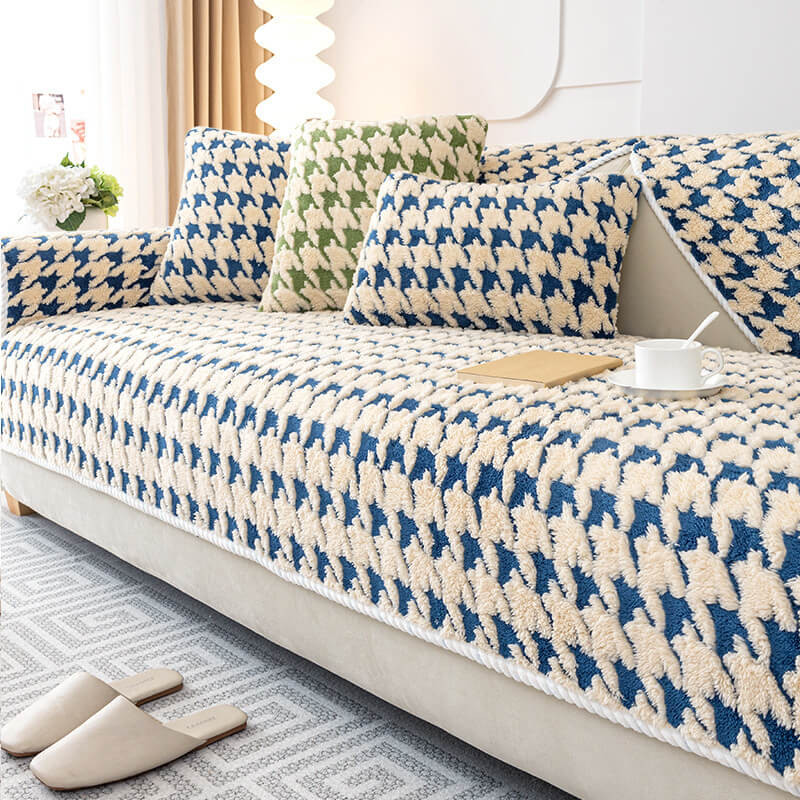 Houndstooth Plysj Matte Møbelbeskyttelse Antiskli Deksel | Skanto