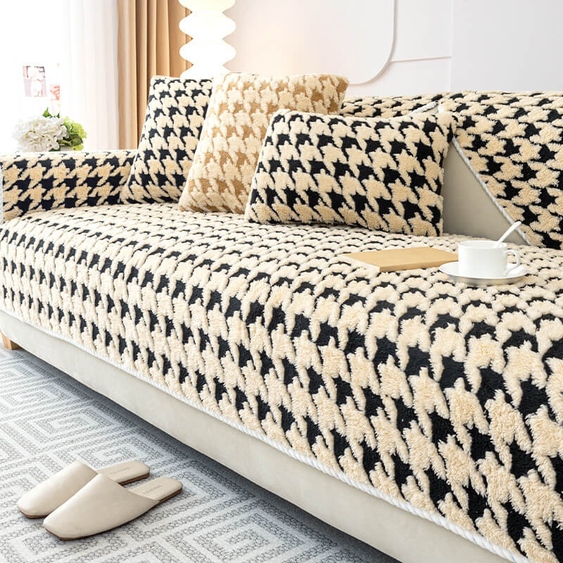 Houndstooth Plysj Matte Møbelbeskyttelse Antiskli Deksel | Skanto