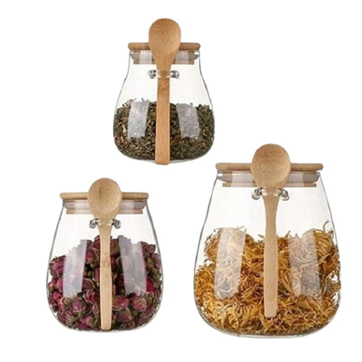 Glass Matlagringskrukke med Lokk i Tre med Tett Fitting og Skje Container | Skanto
