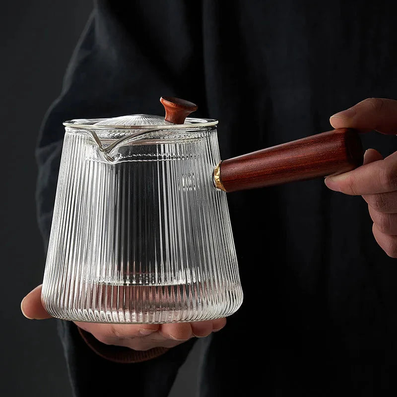 Glass tekanne med avtagbar klar infuser sandeltre håndtak glasskjeler | Skanto