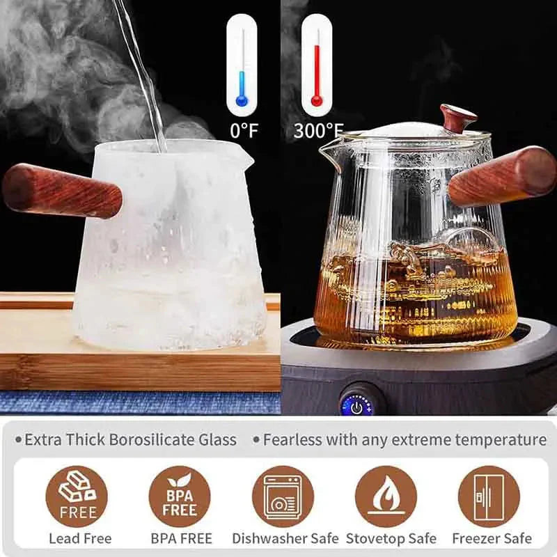 Glass tekanne med avtagbar klar infuser sandeltre håndtak glasskjeler | Skanto