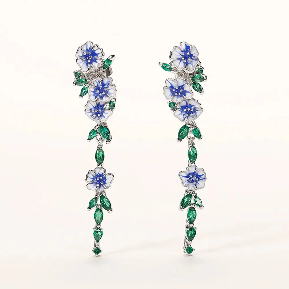 Skanto | Glinsende Blå Blomstrete Hengende Øredobber