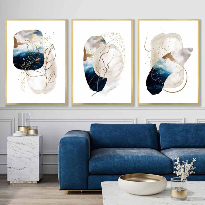 Abstrakt, teksturert veggkunstsett i marineblått, elfenben og gull (3 deler)