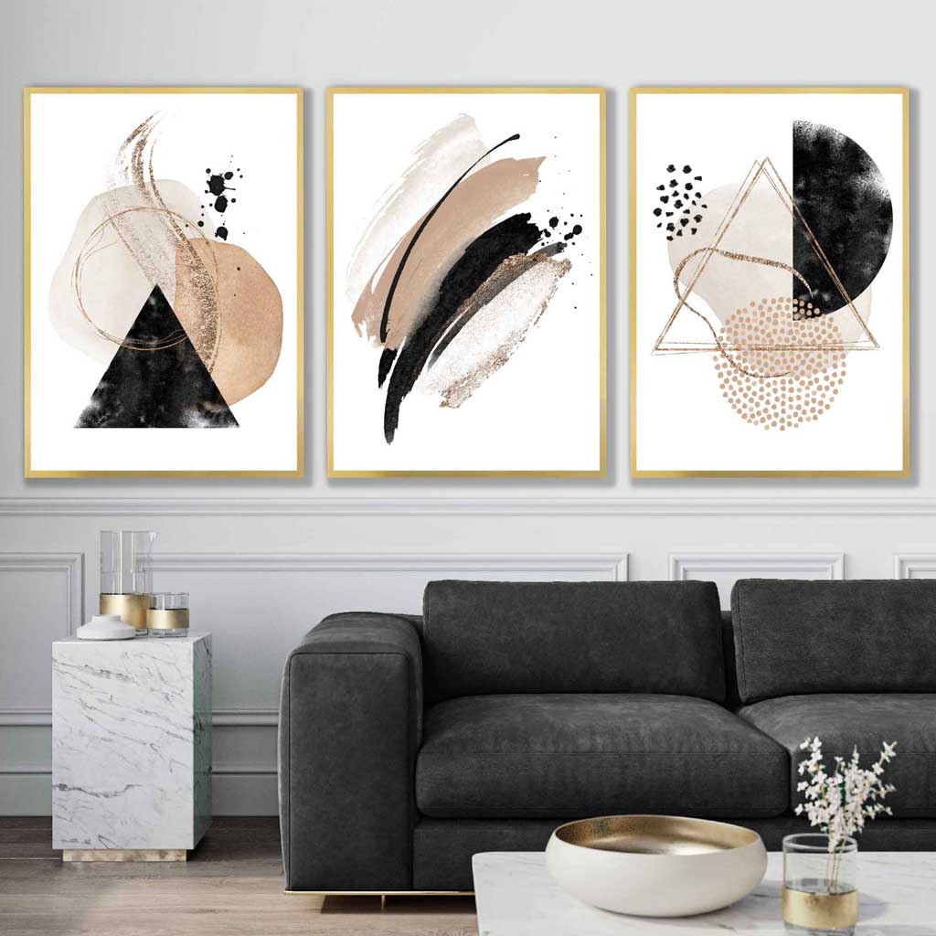 Abstrakt sett med 3 akvarellkunsttrykk i svart og beige