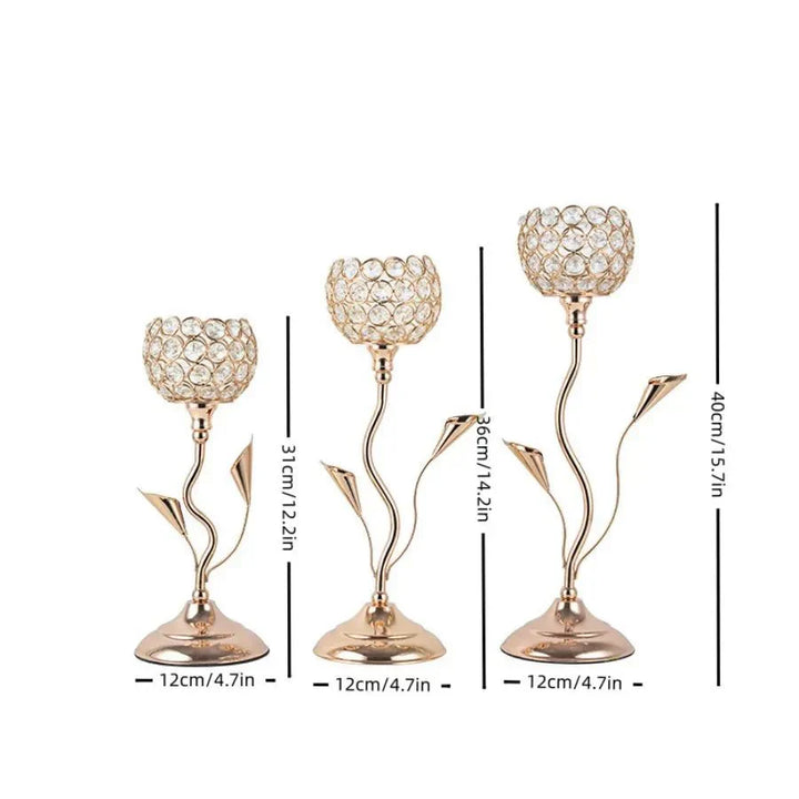 Gylden Krystall Blomst Form Lysestake Holder Sett - Metall Klassisk Design | Skanto