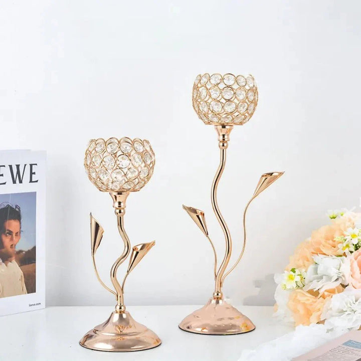 Gylden Krystall Blomst Form Lysestake Holder Sett - Metall Klassisk Design | Skanto