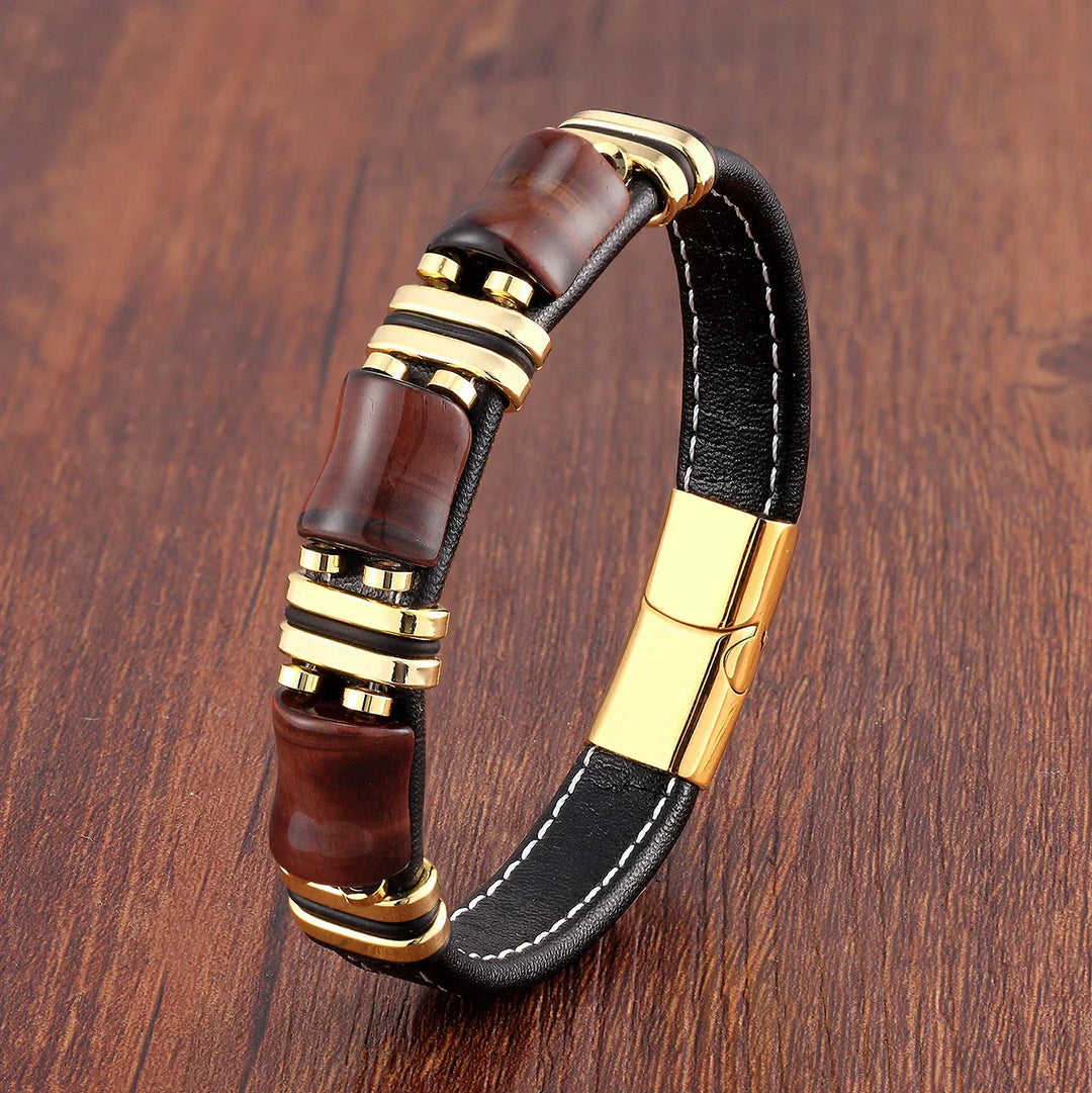 Armbånd fra Leder og gull | Herrenschmuck mit Tigeraugenperlen