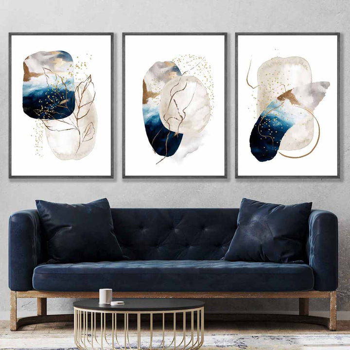 Abstrakt, teksturert veggkunstsett i marineblått, elfenben og gull (3 deler)