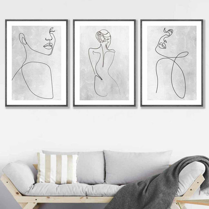 Abstrakt linjekunst kvinne grå veggkunstsett med 3 innrammede trykk