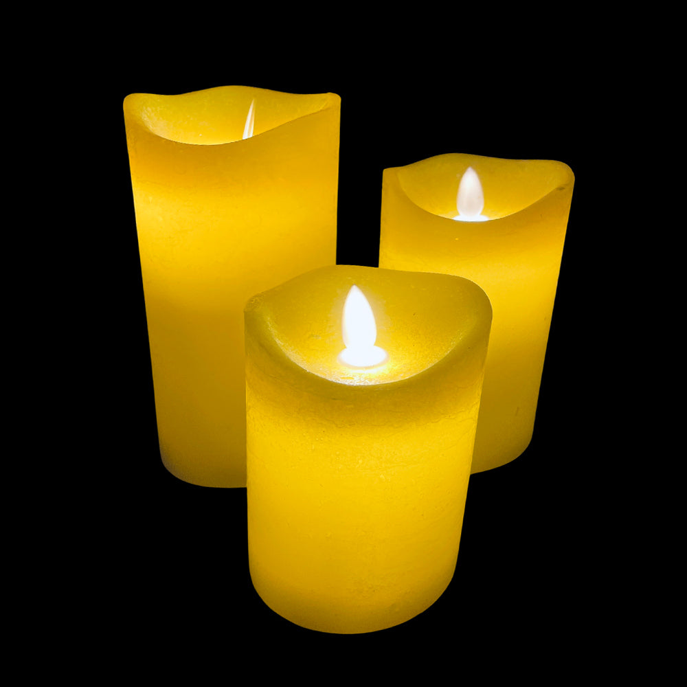 LED Lys - rustikk - 3 stykker - 10/12,5/15 cm - med 3D flamme - (ulike farger) | Skanto