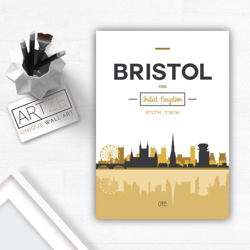 Bristols skyline, byutsikt over Bristol, England, kunsttrykk i gult og grått, veggkunst, plakat, hjemmedekorasjon