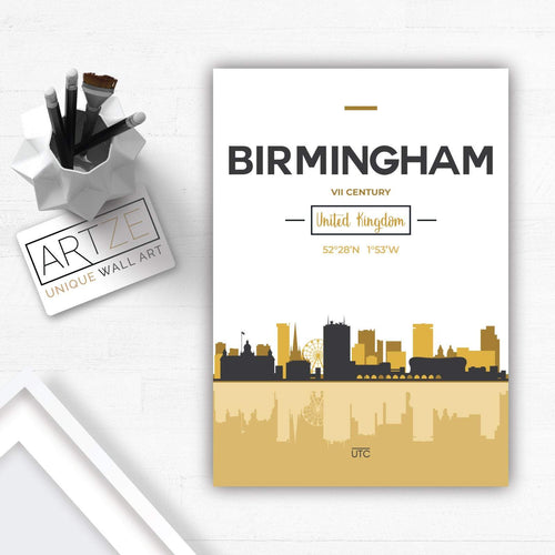 Birmingham Skyline byutsikt England, gulgrått kunsttrykk